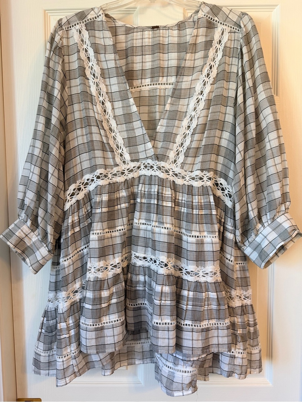 Free People Gray and White Plaid Lace-Trim Tunic
